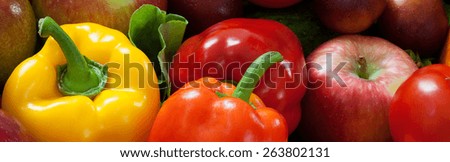 Horizontal view of color vegetables and fruits