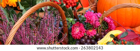 Autumn flowers and fruits in wicker basket