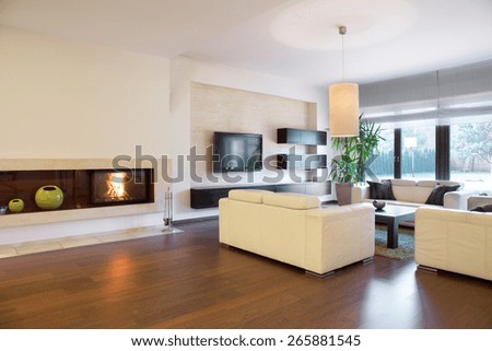 Spacious cozy living room with lighted fireplace