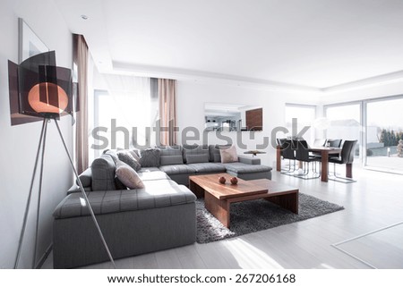 Contemporary sitting room with gray corner sofa