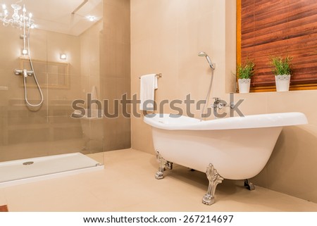 Modern design of new bathroom with glass shower and porcelain bathtub