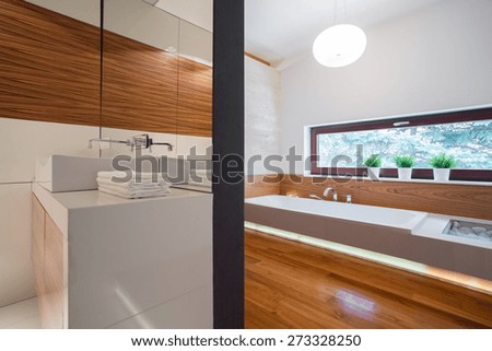 Elegant big bathroom interior in luxury detached house