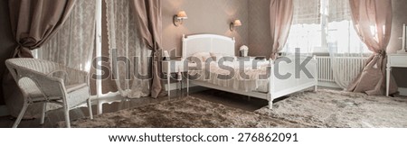 Romantic beauty bedroom interior with soft carpet, panorama