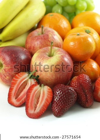 Fruits: strawberries, apples, oranges, bananas and grapes.