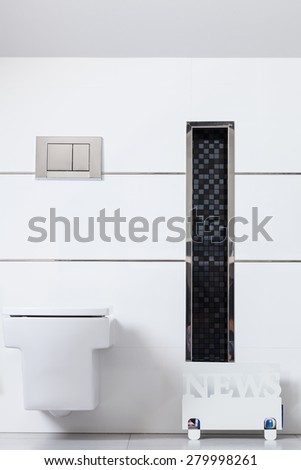 White simple restroom with stand for newspapers