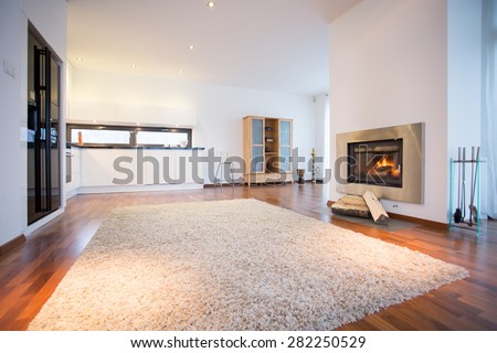 Big soft carpet on wooden floor in spacious living room