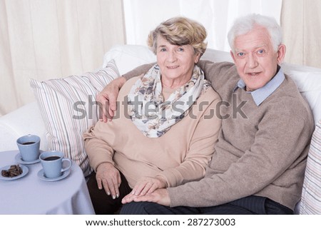Smiling aged couple hugging on the sofa
