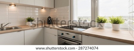 Wooden worktops and white cupboards in cozy kitchen