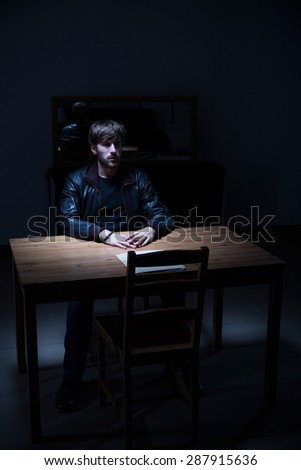 Suspect man sitting alone in interrogation room