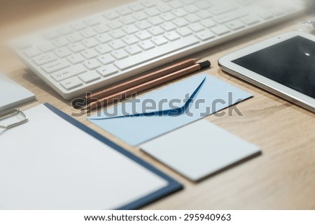 Professional prepared desk office with computer keyboard