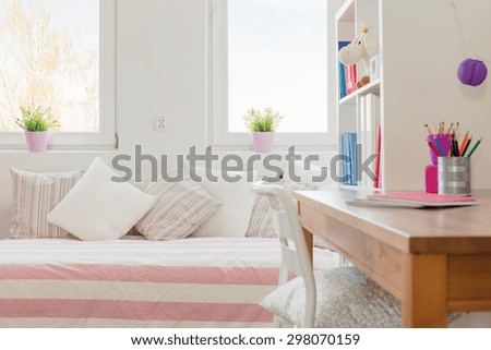 Close-up of children study space with wooden desk