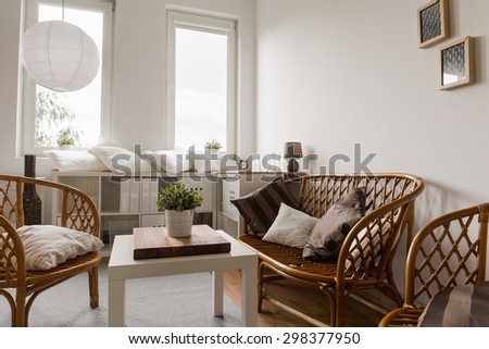 Modern cozy drawing room with wicker furniture