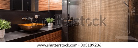 Panorama of luxurious dark bathroom interior with shower