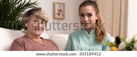 Panorama of young nurse and elder lady