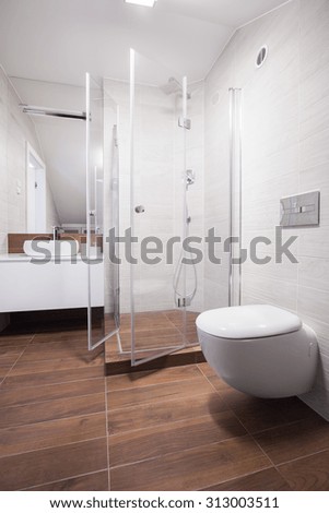 Image of new design light bathroom interior with shower