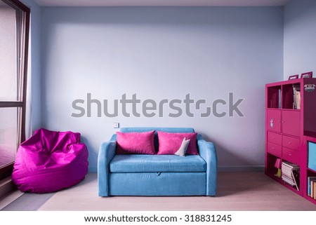Blue and rose furniture in girl\'s room