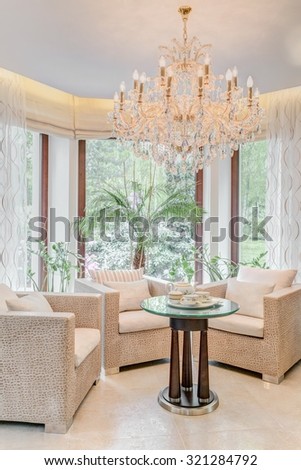 Close up of elegant armchairs standing in fancy living room