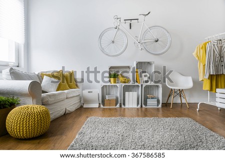 Modern living room with sofa, carpet, wood panels and bike hanging on wall