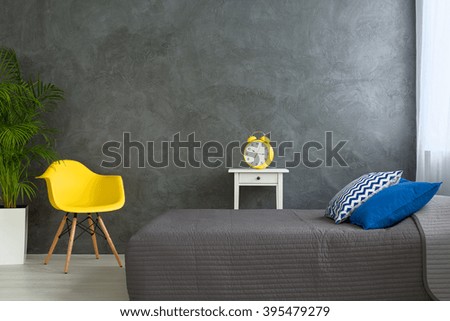 Shot of a grey bedroom decorated with colorful details