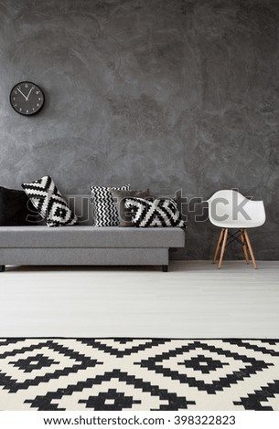 Grey living room with sofa, chair, pattern carpet and pillows in black and white
