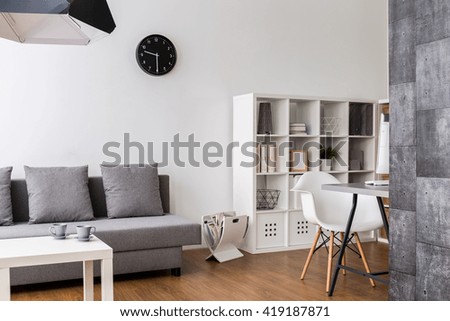 Modern,minimalist living room with resting space, racks and desk corner