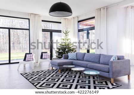 Spacious living room with large sofa and window wall system.