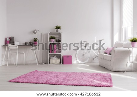 Spacious stylish studio with white walls and pink decorations. Comfortable sofa, vintage bicycle and desk by the wall