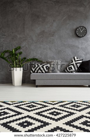 Spacious living room decorated in minimalist style. Grey sofa, white wooden floor and carpet in pattern