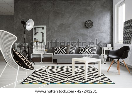 Spacious classic living room in black and white. Interior designed with style