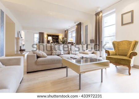 Light and cozy living room with comfortable sofa, small table and victorian armchair