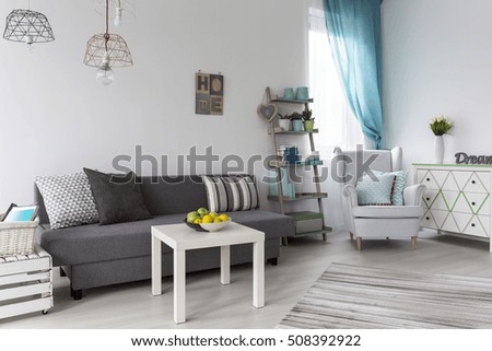 Shot of a pastel living room with a grey sofa and white coffee table