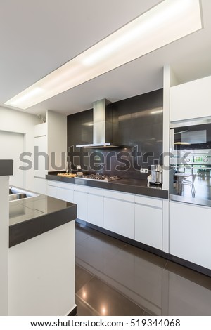 Modern and light kitchen with modern furniture and shining tiles