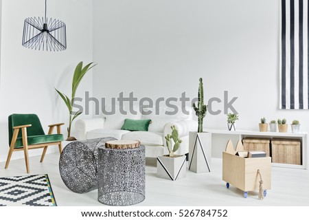 White living room with couch, openwork table, carpet and armchair