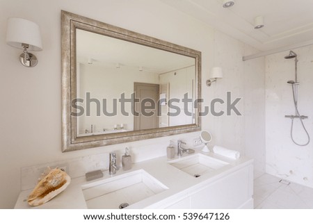 Minimalist bathroom with large mirror in a decorative frame and two marble sinks