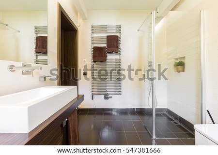 Big glass shower in elegant minimalist bathroom interior