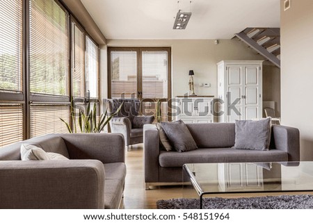 Cozy living room with big windows with blinds, two comfortable sofas and glass coffee table