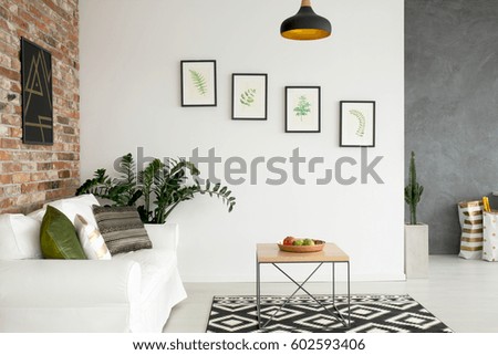 Bright living room with sofa, wall poster and wood table