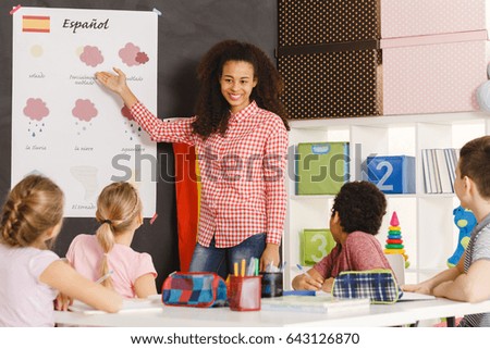 Students learning spanish with teacher in primary school/Students learning spanish/Sunny, partly cloudy, cloudy, rainy, snowy, sleeting, icy, tornado, thumde