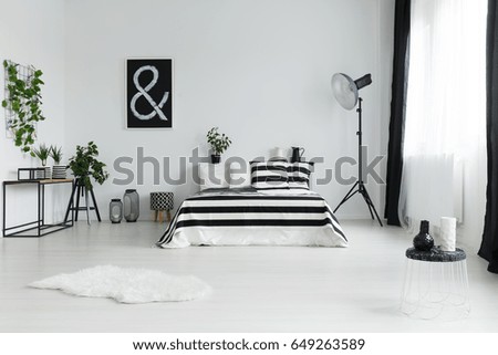 Minimalist bedroom with fur rug and black and white decorations