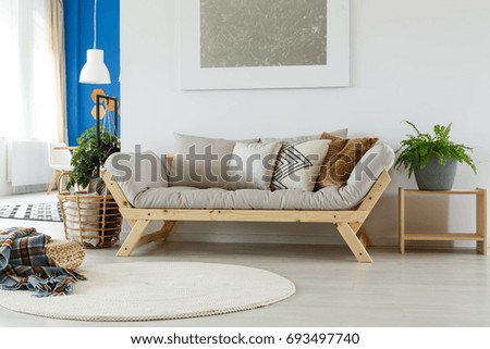 Comfortable cozy sofa, rug, painting, pillows, plants and natural eco materials in modern bright room
