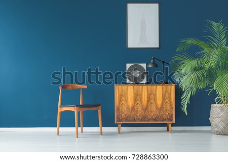 Stylish apartment interior with blue wall decorated in vintage style with wooden cupboard,chair, mock-up poster and tropical potted plant