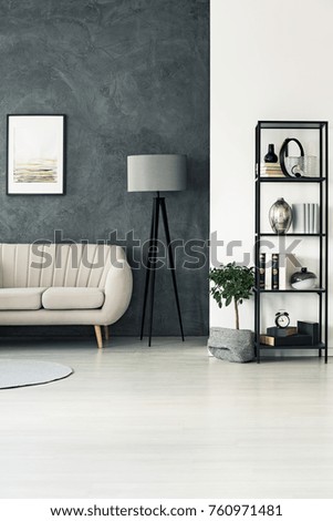 Black and grey lamp standing in the corner of a living room with potted plant and metal rack