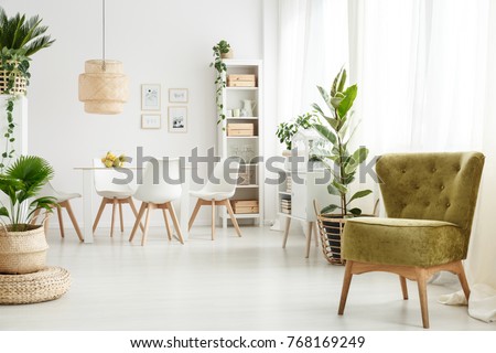 Green velvet armchair standing in the corner of bright dining room interior with windows