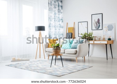Stool with plant on carpet and lamp in living room with posters above cabinet behind sofa with blue cushion