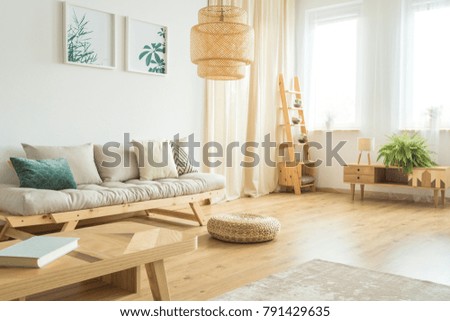 Two posters of plants hanging over a comfy sofa with cushions in a bright wooden living room interior