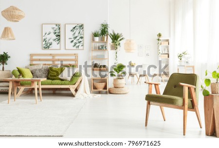 Spacious flat interior with green armchair and sofa in the living room and dining room in the background