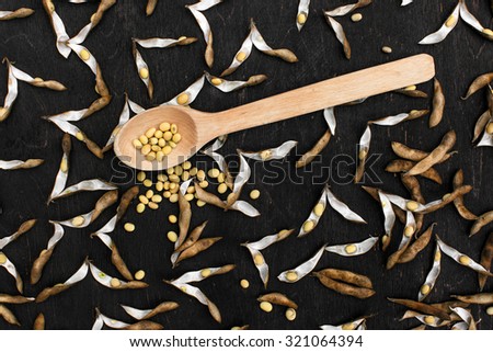 Soybeans pod, harvest of soy beans background Soybeans on a wooden background. rustic style