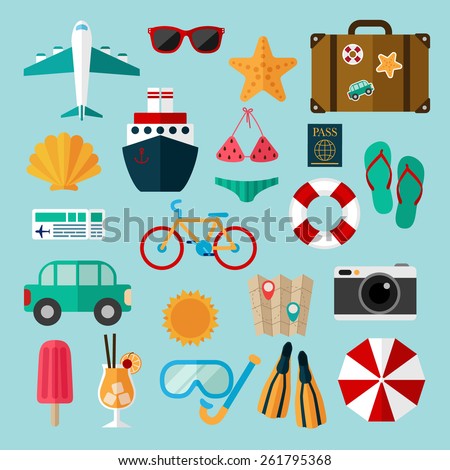 Flat icons set of recreation and travel.