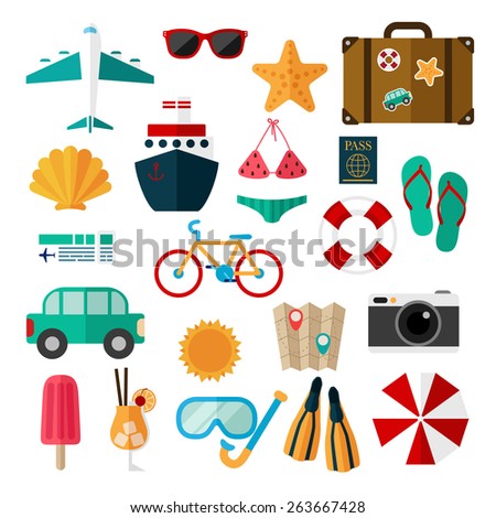 Flat icons set of recreation and travel on a white background.