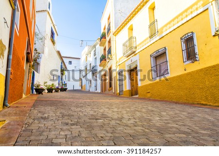 Street of the old town in the center of Calpe. Alicante. Spain.